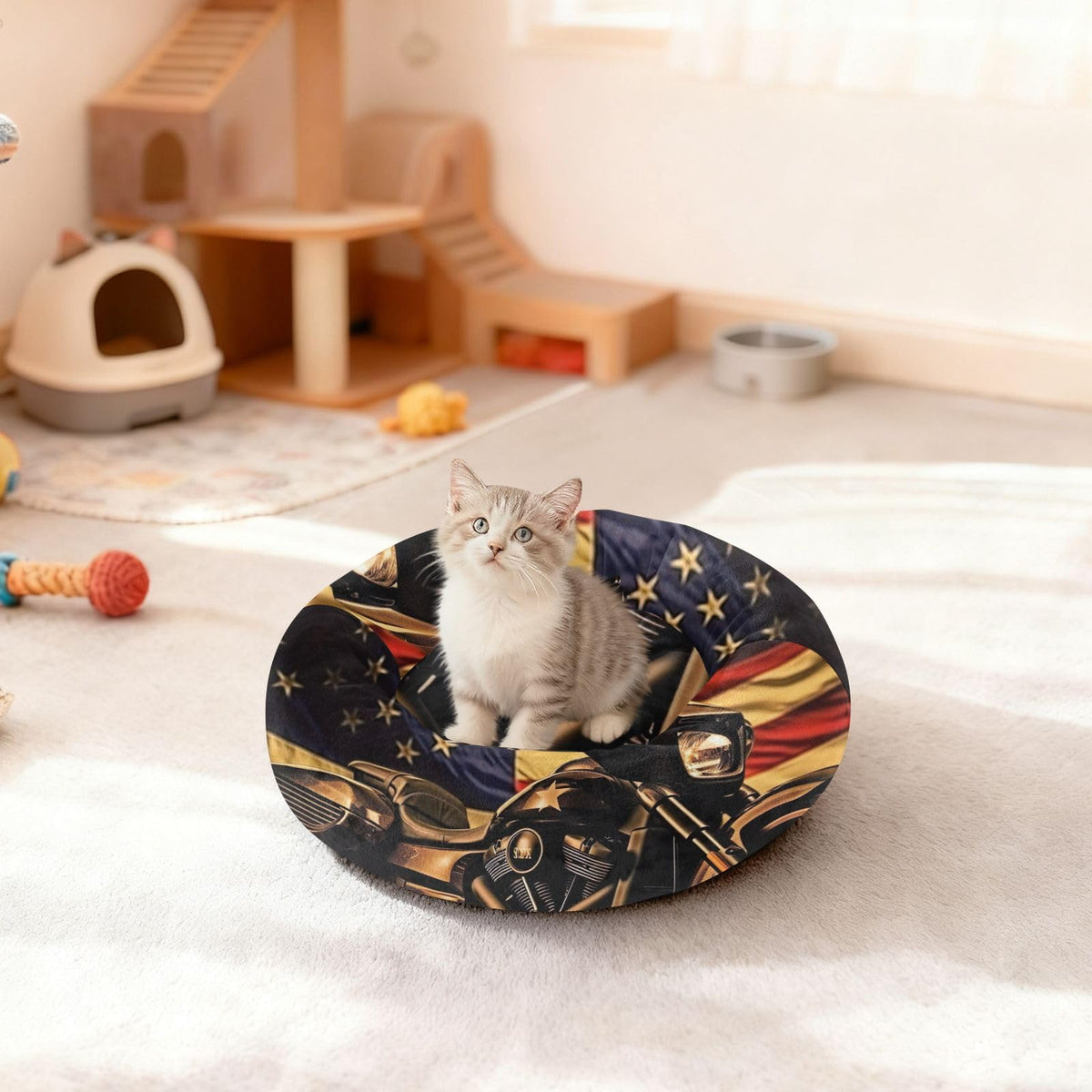 Donut Dog Bed for Small Dogs & Cats - Vintage Motorcycle Flag Calming Anti-Anxiety Pet Bed with Non-Slip Base, Removable & Machine Washable, 22"