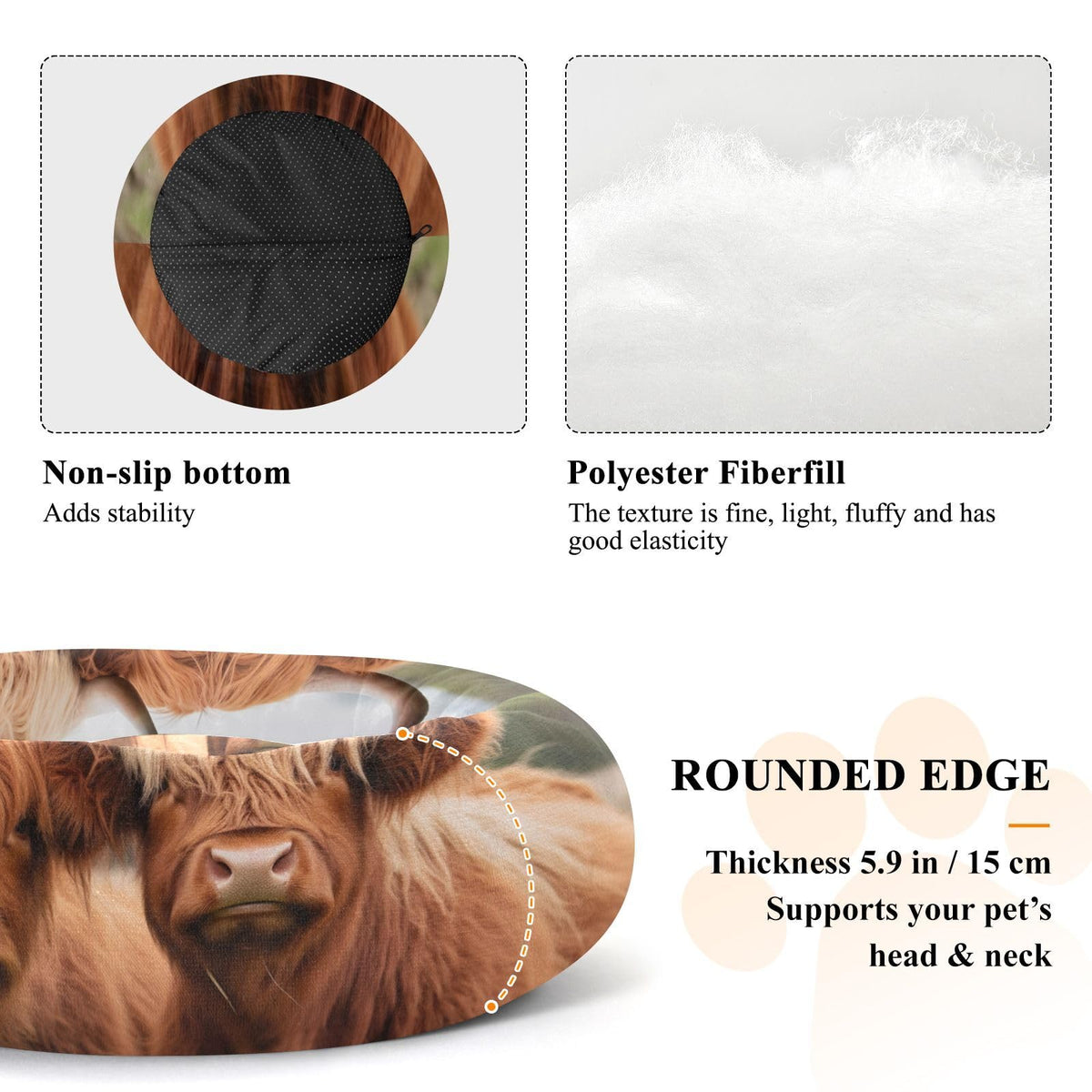 Donut Dog Bed for Small Dogs & Cats - Highland Cows Calming Anti-Anxiety Pet Bed with Non-Slip Base, Removable & Machine Washable, 15"