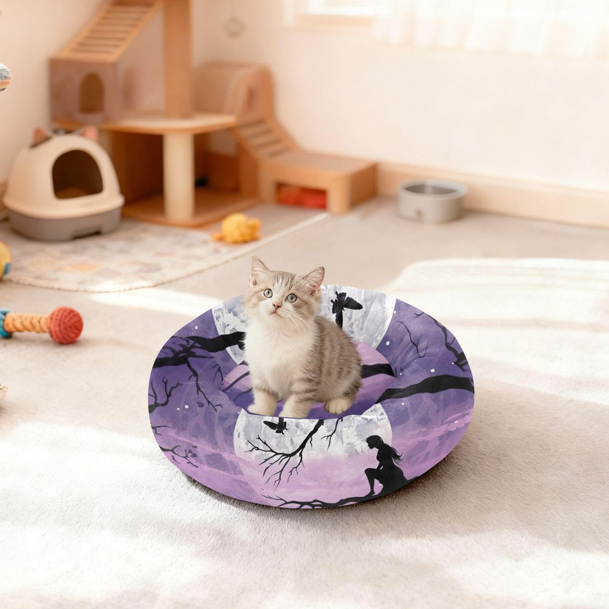 Donut Dog Bed for Small Dogs & Cats - Fairy of The Moon Calming Anti-Anxiety Pet Bed with Non-Slip Base, Removable & Machine Washable, 18"