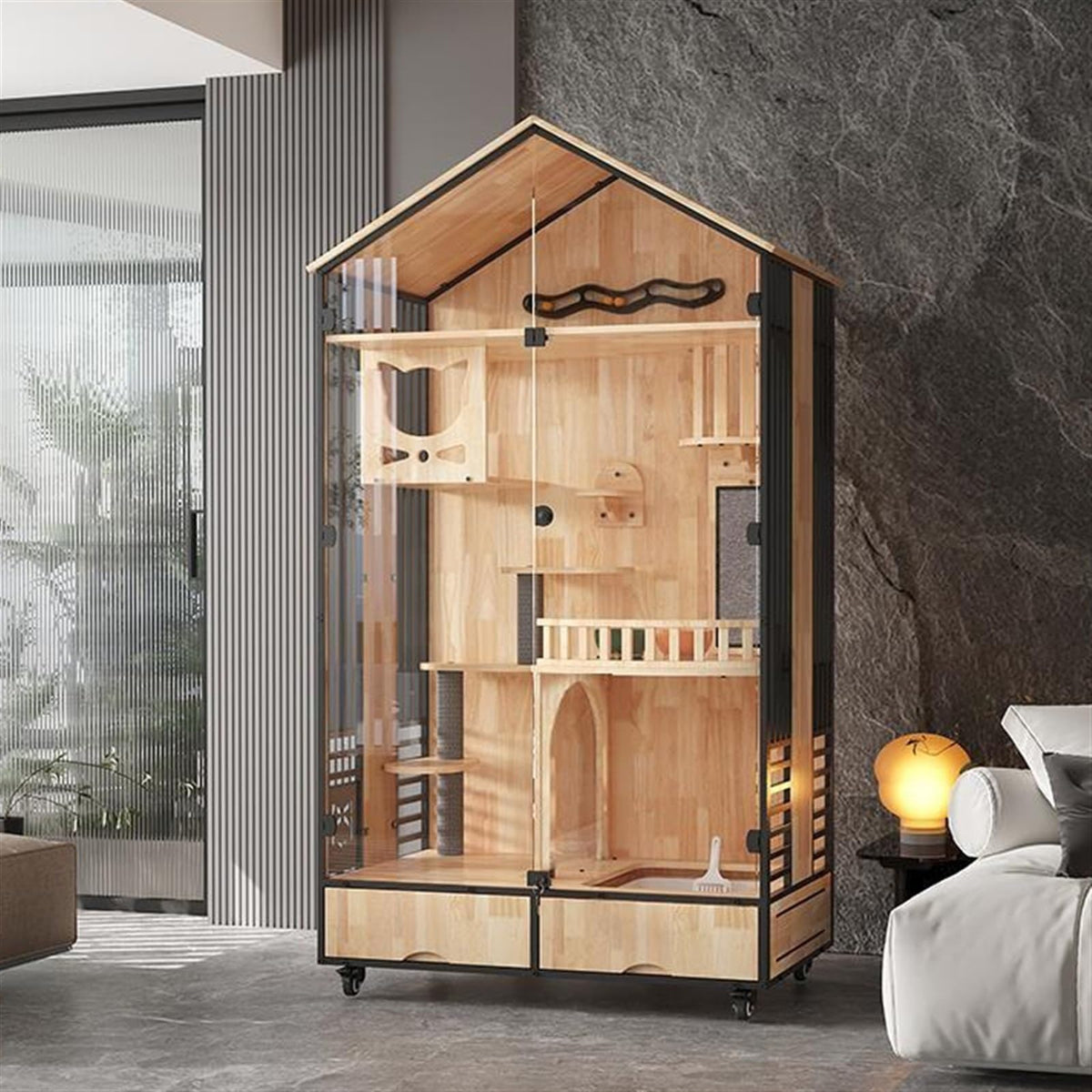 Cat Cage Cat Villa Wood Home Indoor House Luxury Three-Story Large Nest Cage Cabinet with Toilet Pet House