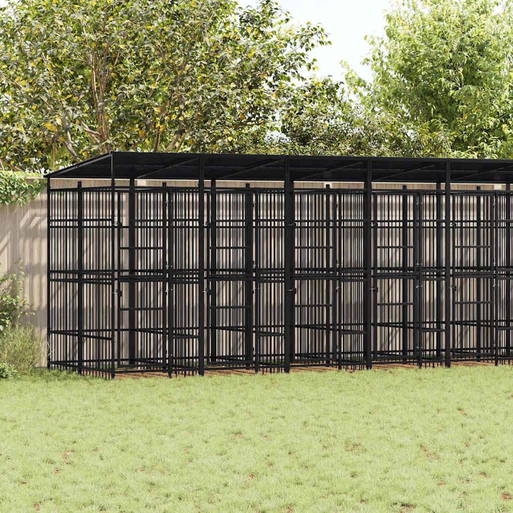 Large Outdoor Dog Kennel with Roof, Heavy Duty Powder-Coated Steel Pet Enclosure for Garden, Weatherproof Backyard Playpen for Dogs, Secure Lockable Gate
