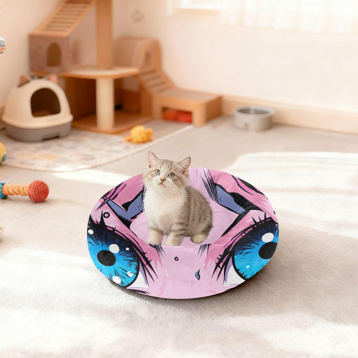Donut Dog Bed for Small Dogs & Cats - Kawaii Anime Eyes Calming Anti-Anxiety Pet Bed with Non-Slip Base, Removable & Machine Washable, 22"