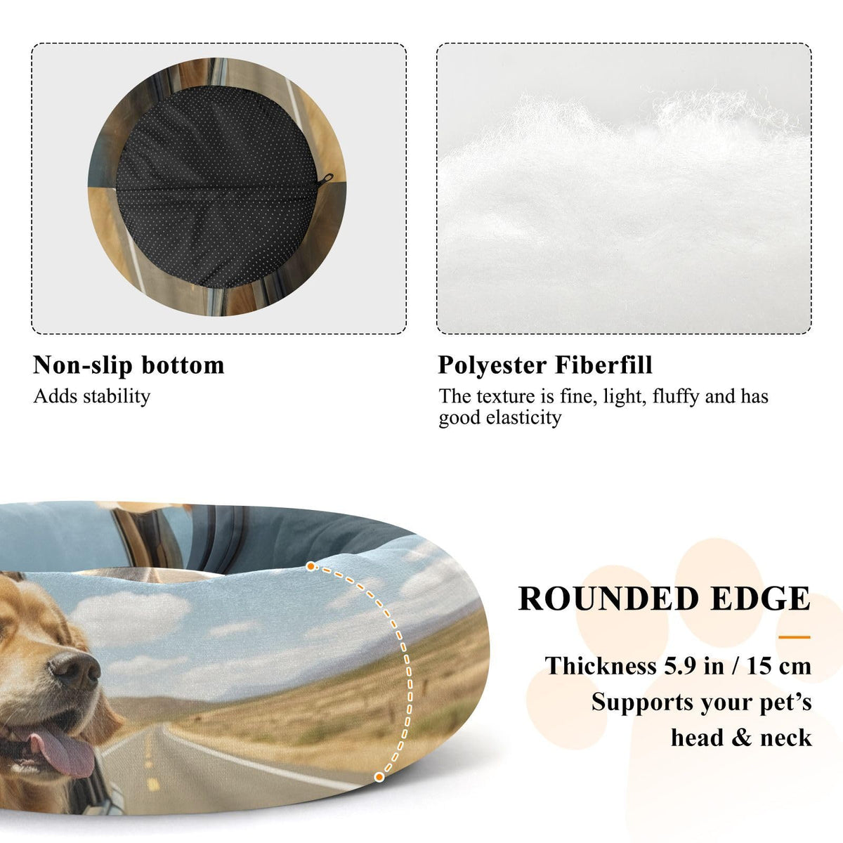 Donut Dog Bed for Small Dogs & Cats - Golden Retriever Calming Anti-Anxiety Pet Bed with Non-Slip Base, Removable & Machine Washable, 15"