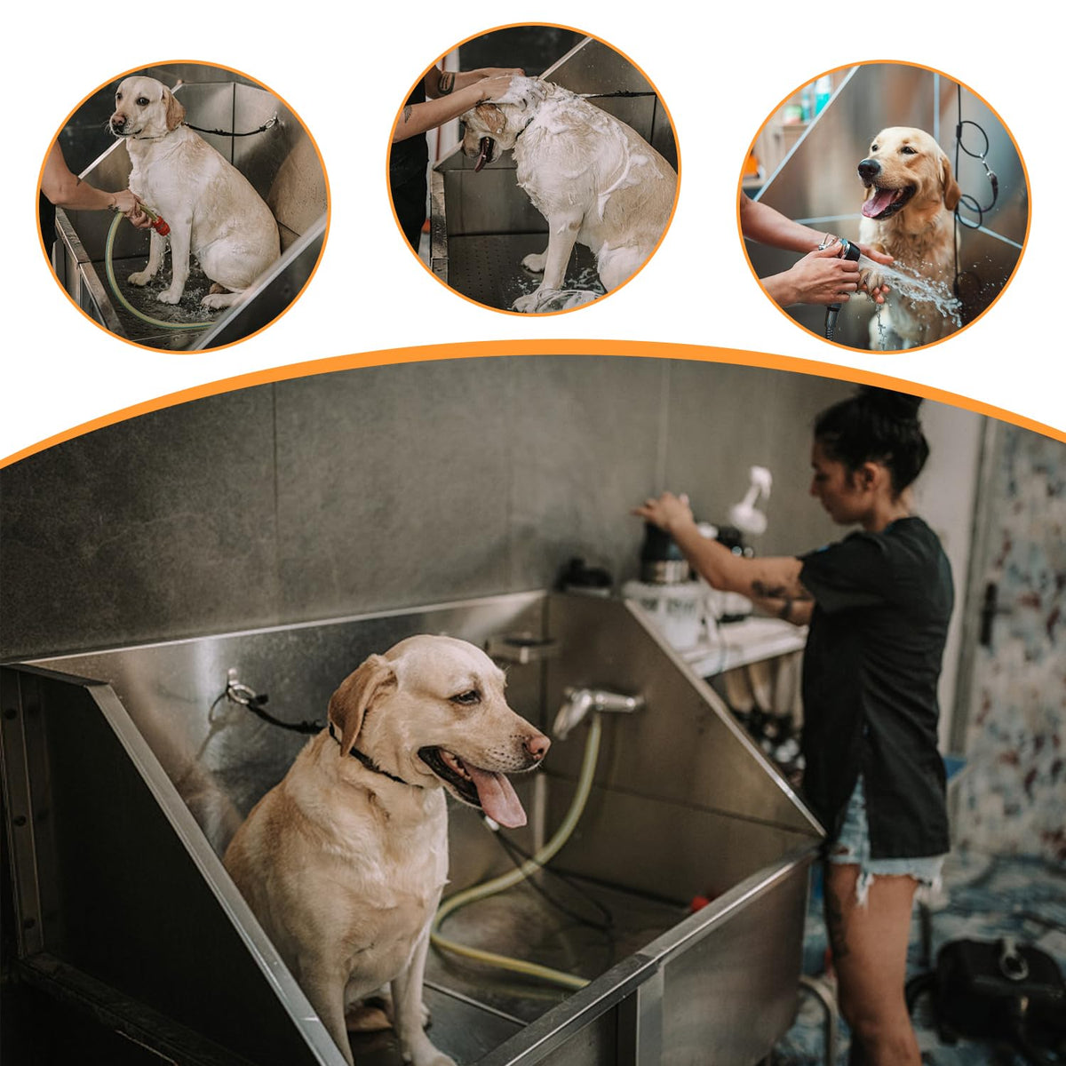Stainless Steel Dog Washing Station with Anti-Slip Steps, Faucet, and Soap Box – Professional Pet Bathtub for Medium/Small Pets, Ideal for Home, Garage, and Grooming,59IN