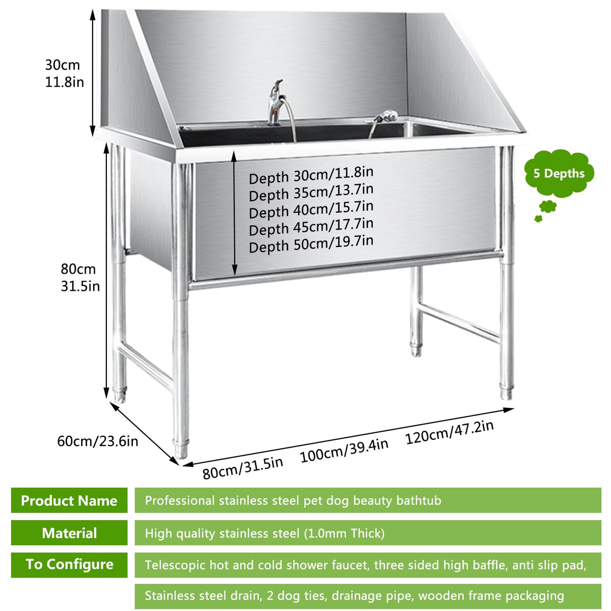 Pet Dog Bathing Station, Dog Grooming Tub, Professional Stainless Steel Dog Washing Station,Pet Dog Bathtub,Dog Pet Bath Pool,Washing Sink for Home,for Small,Me,Depth 17.7in-47in/120cm