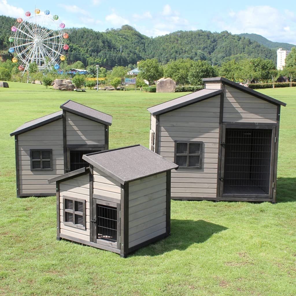 Outdoor Dog House, Wooden Raised Pet Kennel with Asphalt Roof, Front Door, Side Window, Porch for Medium/Large Dogs, XX