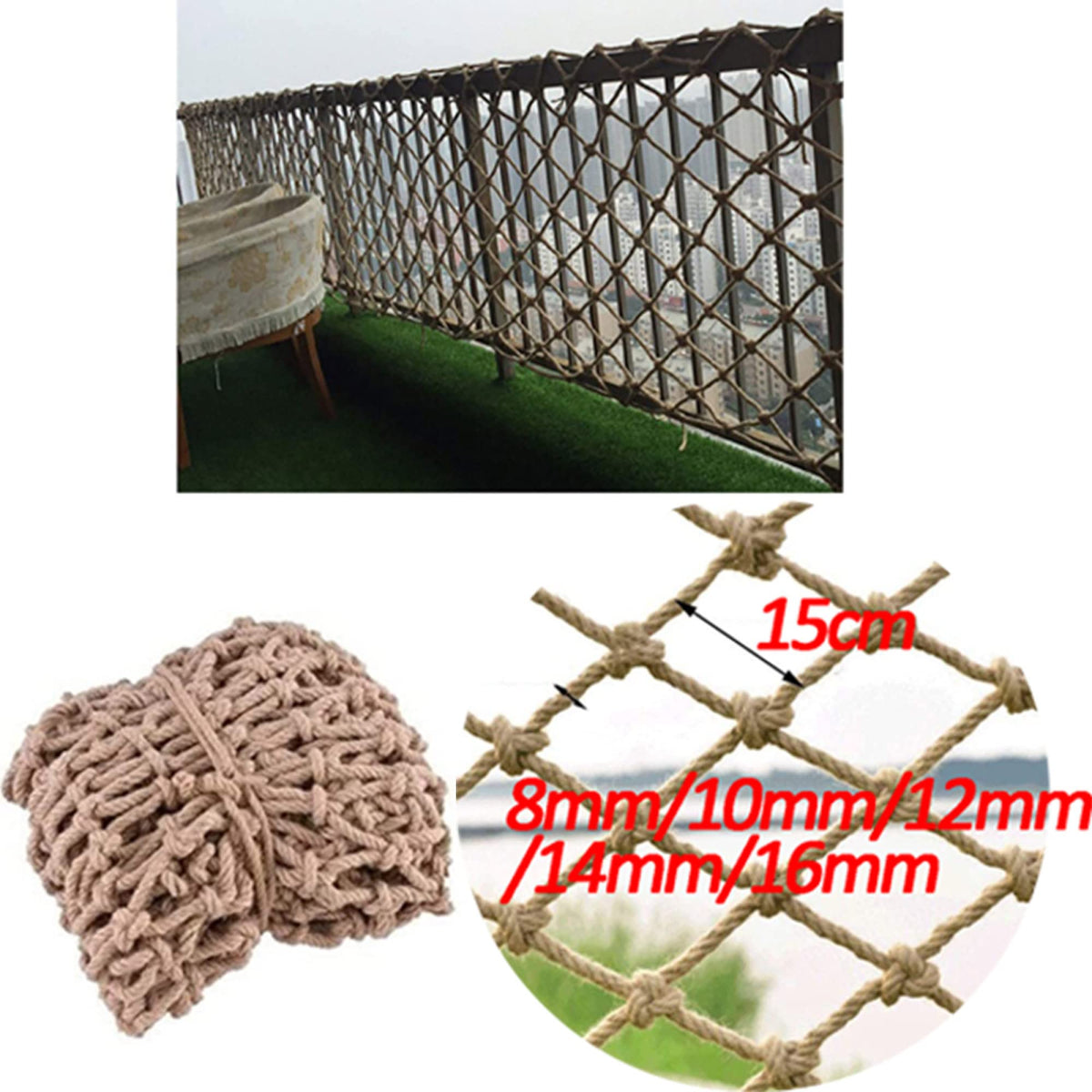 Kids Safety Net - Jute Rope Climbing Net with 15cm Mesh, Fall Protection for Outdoor Play, Ideal for Children and Pets, Durable and Secure Climbing Solution