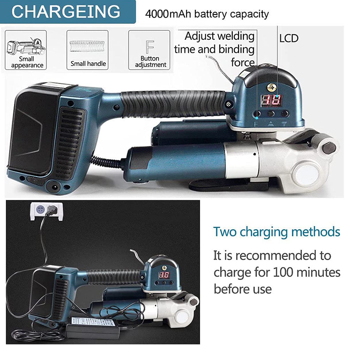Electric Welding Strapping Machine, 2X4000mAh Rechargeable Battery Powered Welding Strapping Machine for 13-19mm Width PP/PET Strapping Straps(