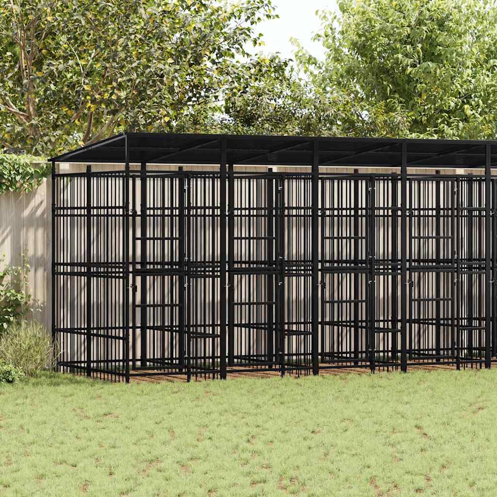 Outdoor Dog Kennel with Roof, Heavy Duty Steel Pet Playpen for Backyard, Large Enclosure for Dogs, Exercise Training Pen with Lockable Gate, 229.5 x 78.7 x 89.8 Inches