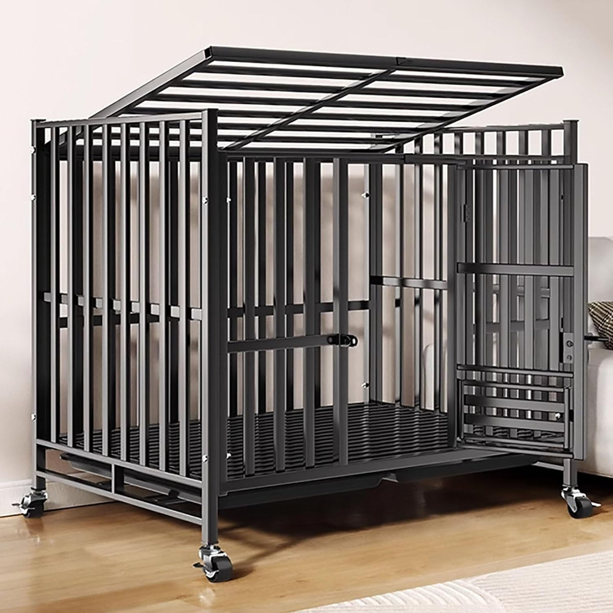 Large Dog Cage, Indoor Dog House, Dog Villa, Indoor and Outdoor Dog House with Tray and Wheels(Black 125 * 95 * 110cm)