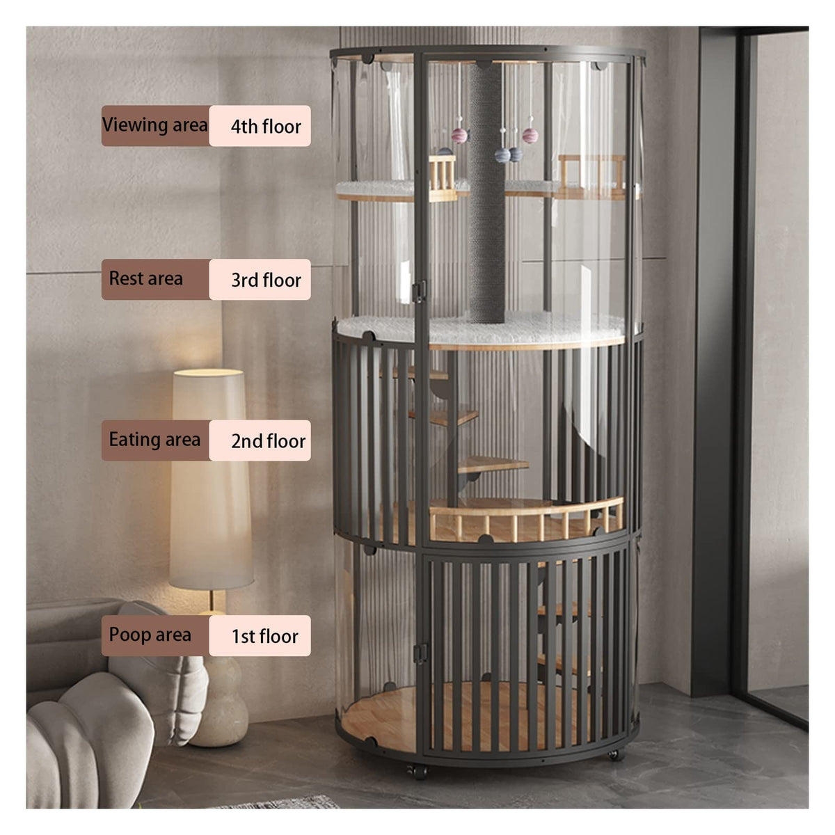 Pet House Villa Panoramic Cat Villa 360° Cage Glass Cabinet Litter with Toilet Wood House for Home Use