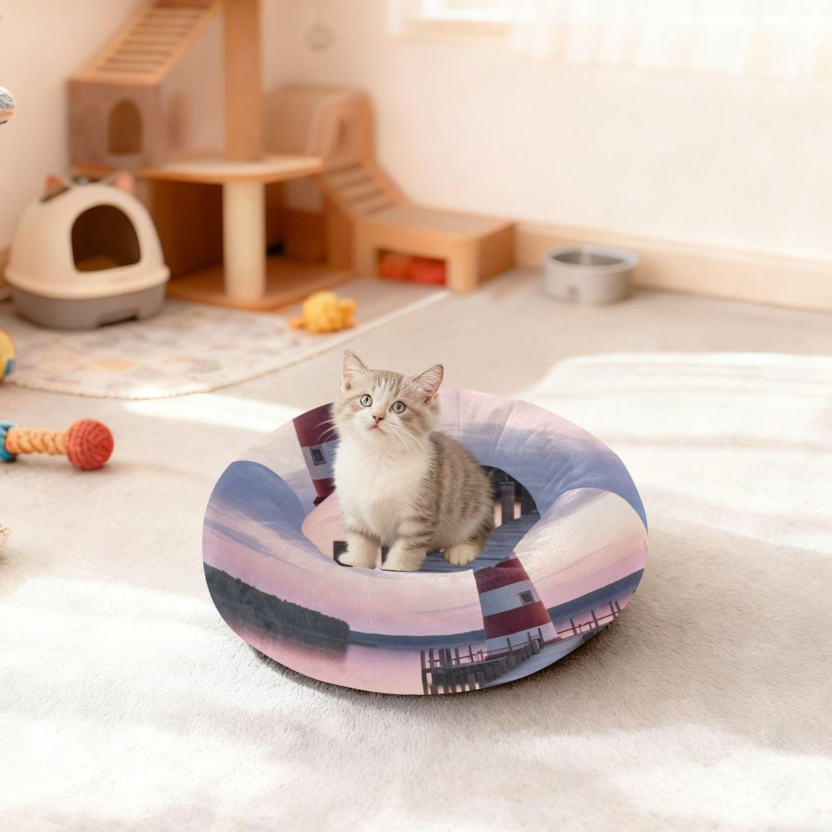 Donut Dog Bed for Small Dogs & Cats - Lighted Lighthouse Calming Anti-Anxiety Pet Bed with Non-Slip Base, Removable & Machine Washable, 15"