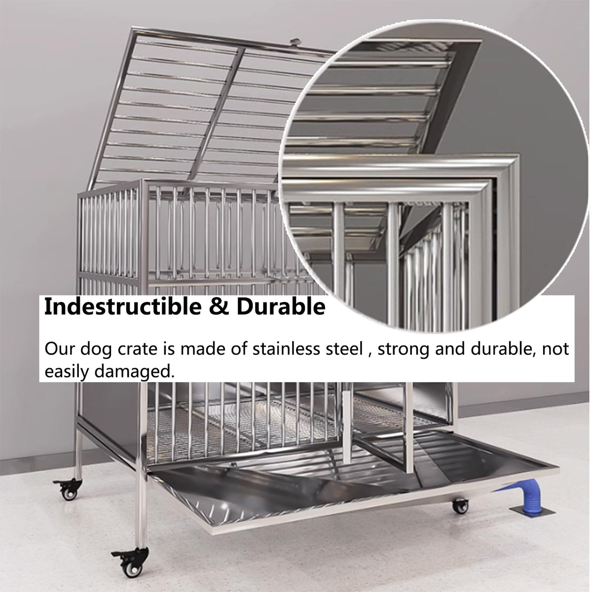 Dog Cage, Stainless Steel Kennel with Wheels, Double Door Dog House withToilet, Indoor Outdoor Pet Kennel(125cm/49.2in)