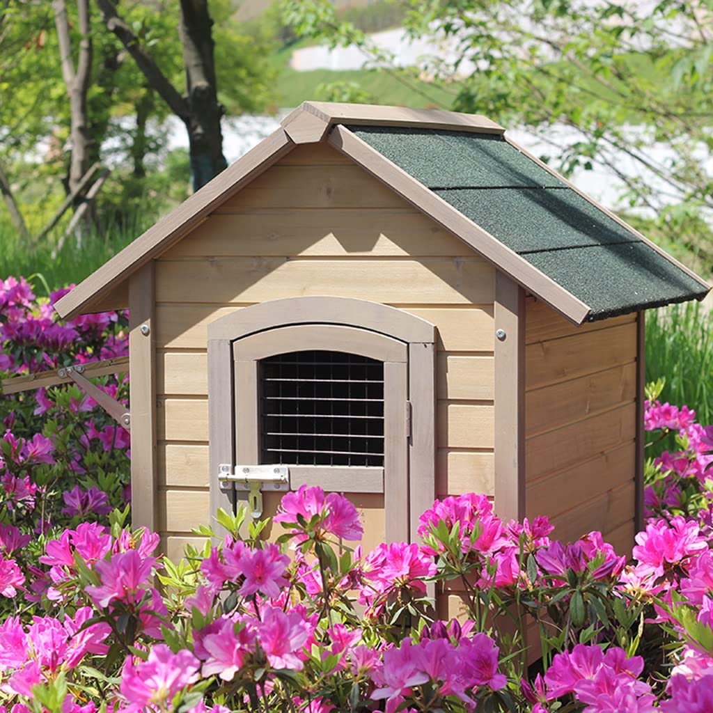 Outdoor Dog House Cabin Style, Wooden Raised Pet Kennel with Asphalt Roof, Front Door, Side Window, Porch for Medium/Large Dogs