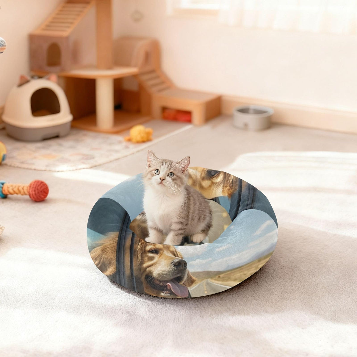 Donut Dog Bed for Small Dogs & Cats - Golden Retriever Calming Anti-Anxiety Pet Bed with Non-Slip Base, Removable & Machine Washable, 15"