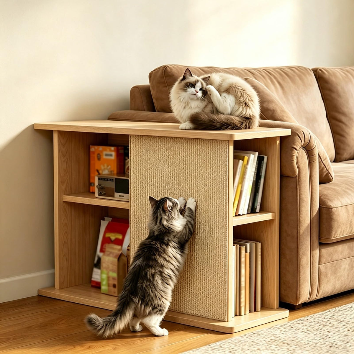 Space-Saving Corner Cat Scratcher Couch End Table with Open Shelves, Multi-Functional Cat Furniture and Pet Play Area for Small Spaces