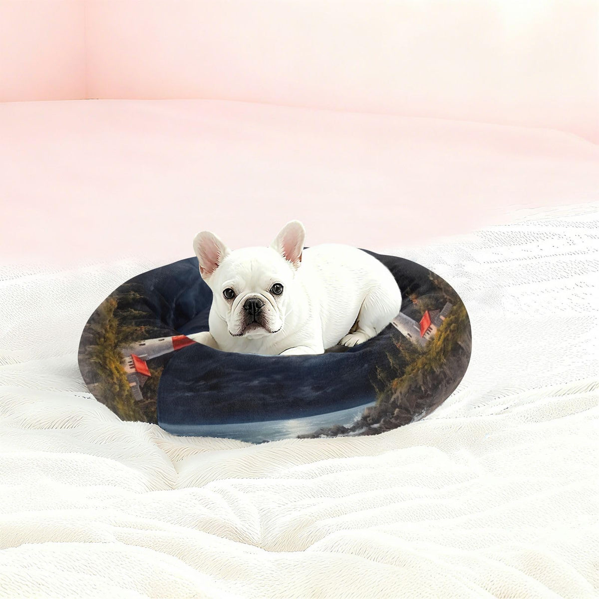 Donut Dog Bed for Small Dogs & Cats - Lighthouse at Night Calming Anti-Anxiety Pet Bed with Non-Slip Base, Removable & Machine Washable, 15"