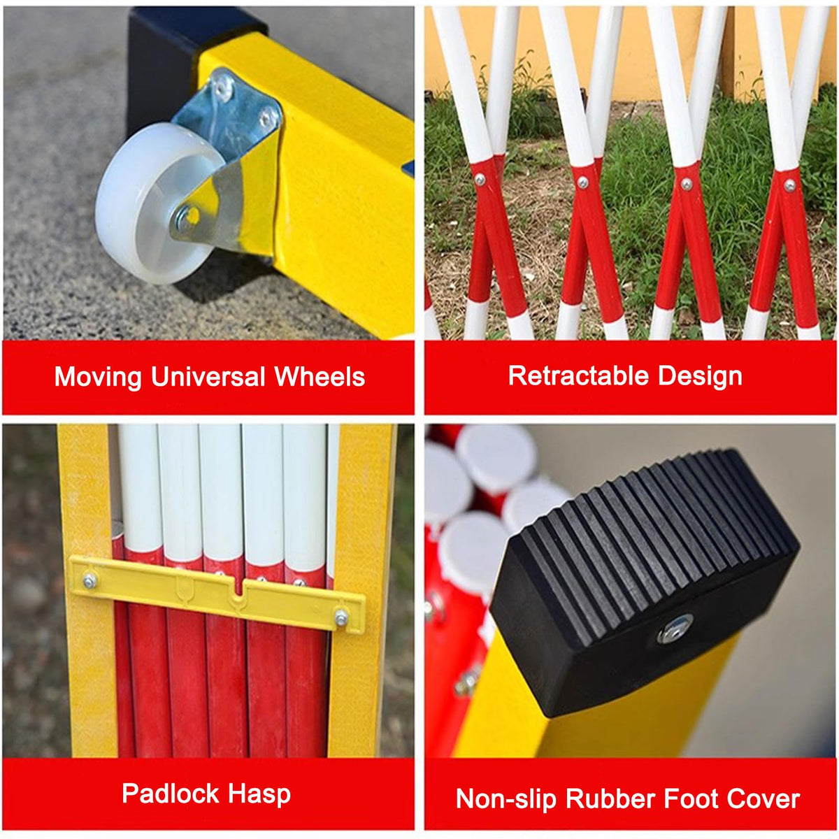 Portable Expandable Metal Barricade with Wheels: Adjustable Retractable Safety Fence for Road Construction and Traffic Control Outdoor Dog Barrier (Yellow & Black)