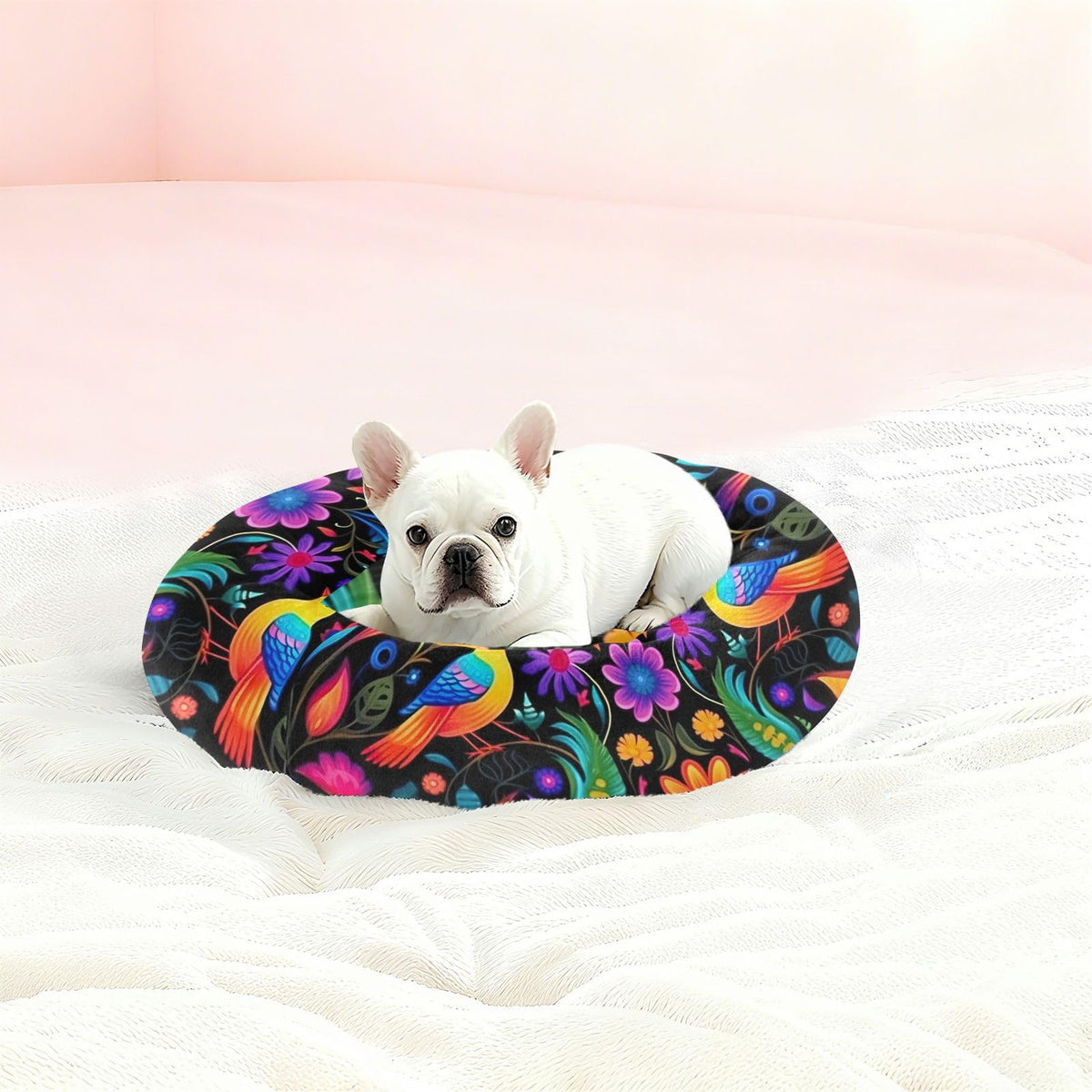 Donut Dog Bed for Small Dogs & Cats - Mexican Art Design Calming Anti-Anxiety Pet Bed with Non-Slip Base, Removable & Machine Washable, 22"