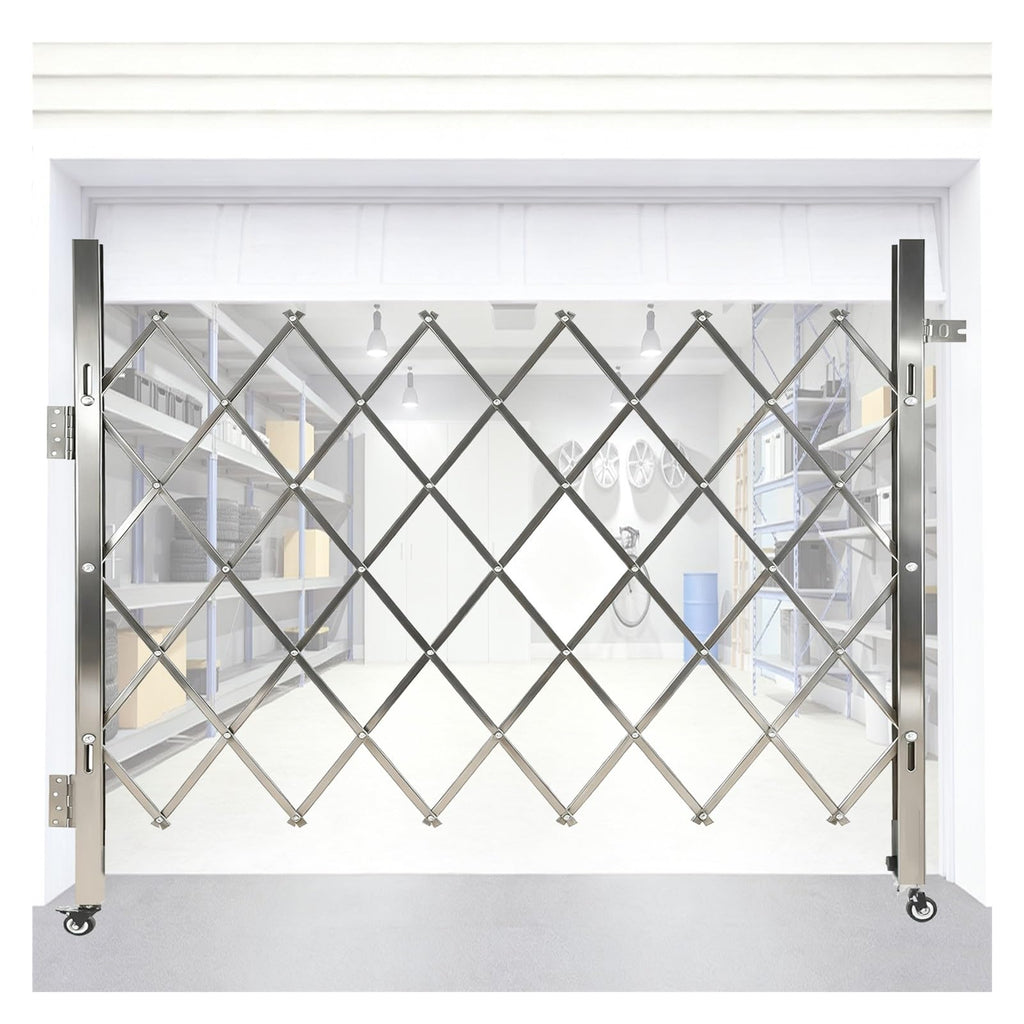 Mobile Folding Safety Gate - 71x138in Stainless Steel Accordion Barrier with Casters for Basements & Garages Portable Child & Pet Safety Gate Flexible Scissor Design