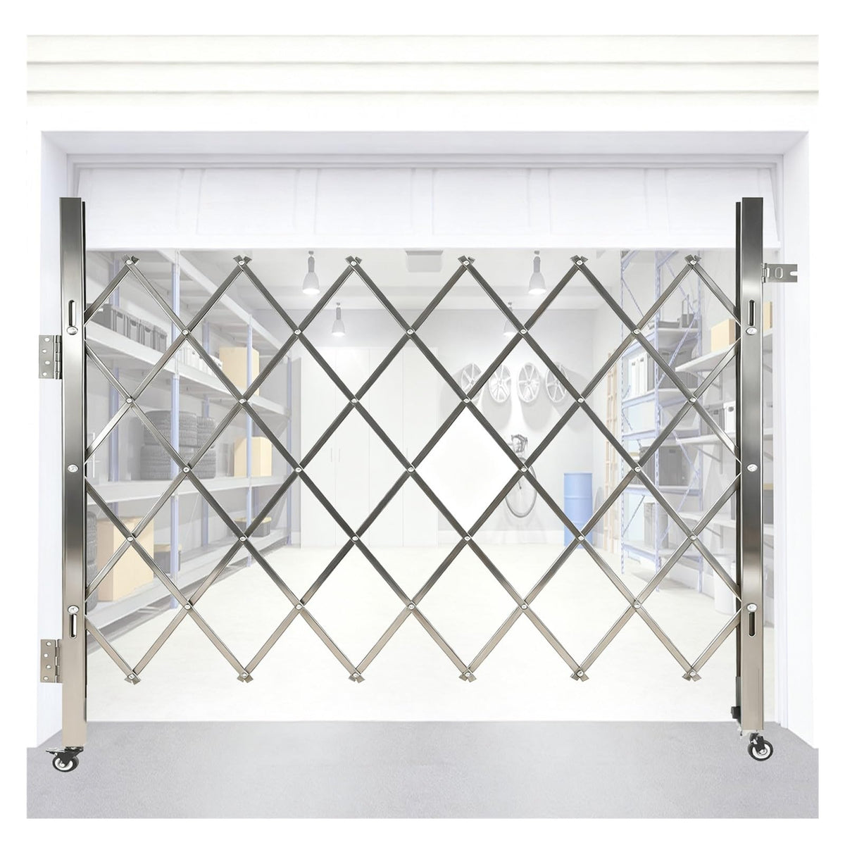 Mobile Folding Safety Gate - Stainless Steel Accordion Fence with Casters, Scissor Design for Basements & Garages - 71x118in, Flexible Barrier for Kids & Pets