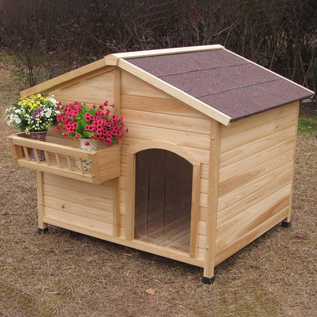 DogCage Large Wooden Outdoor Dog House Cat Puppies Pet Supplies with Asphalt Roof 2 Feeding Bowls & Storage Box (Brown 151x138x100cm)