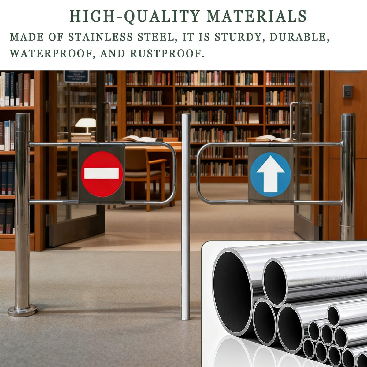 Single-Swing Entrance Door Manual Pedestrian Gate Stainless Steel Double Leaf Automatic Close Metal Half-Height Gate (130cm/51.2in) for Market Use