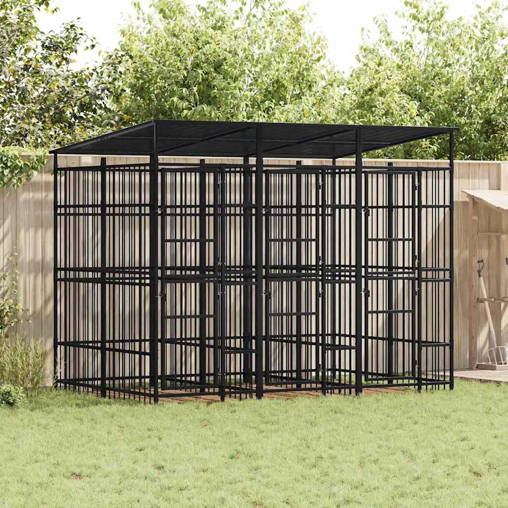 Dog Kennel, Outdoor Steel Pet Playpen with Roof, Lockable Gate
