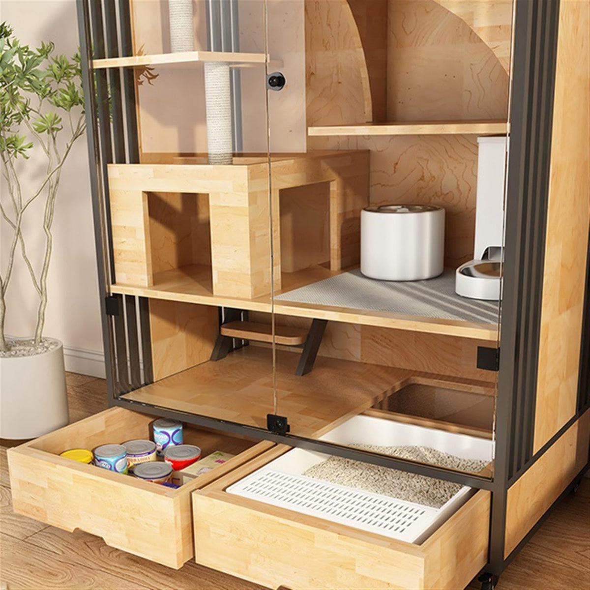 cat Villa Cat Villa Rubber Wood Panoramic Glass Extra Large Space Cage Luxury Three-Story Home House