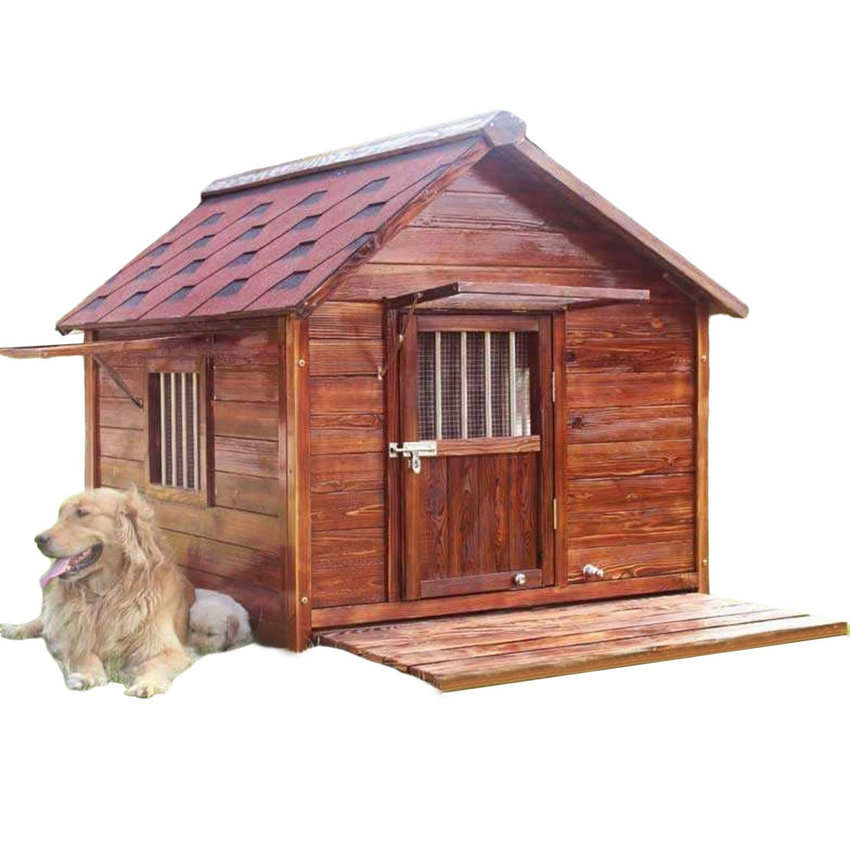 Dog Crate Dog House Drop Cages for Dogs Made of Solid Wood Extended Eaves Weatherproof with Window and Lockable Door Retractable Floor Extra-Large Pet House(140 * 170 * 148cm)