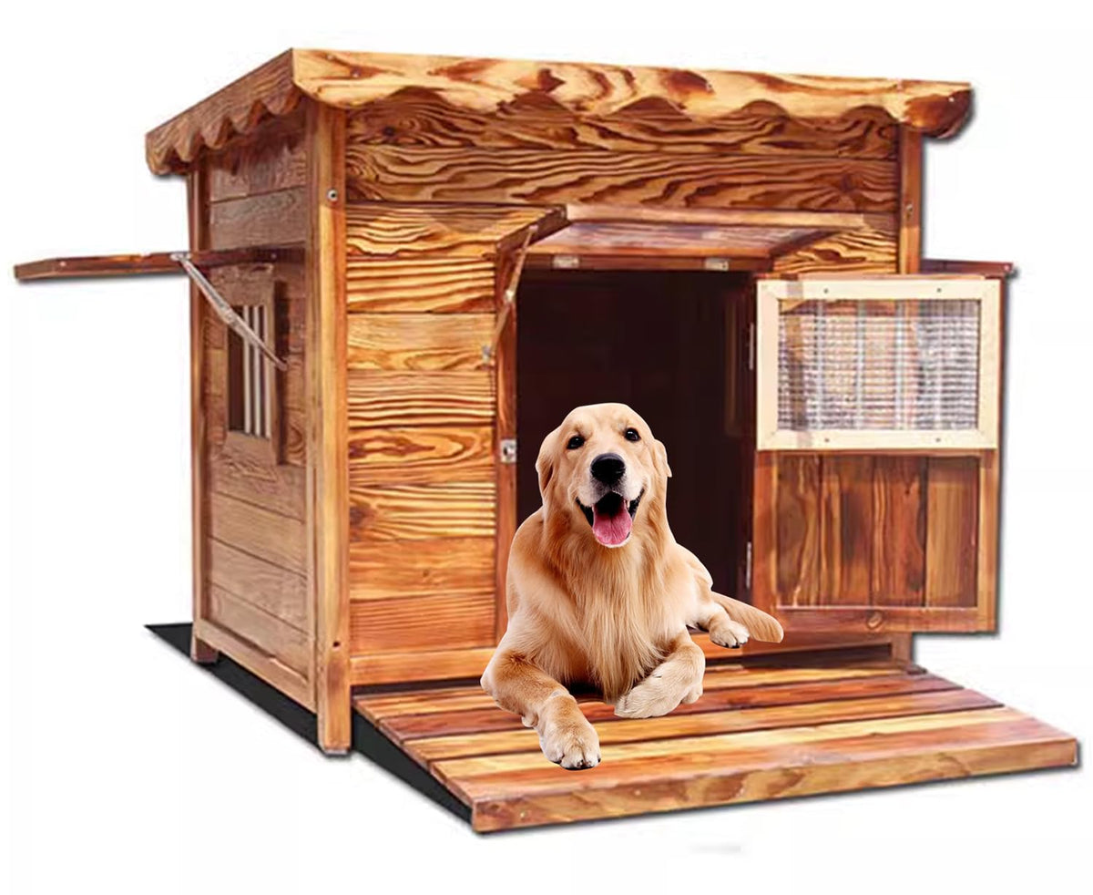with Roof Wooden Dog Kennel, Extra Strong Dog Cage, Log Cabin Dog House, Pet Luxury Dog House, for Small, Medium, Large Dogs Indoor Outdoor,A-XXXL