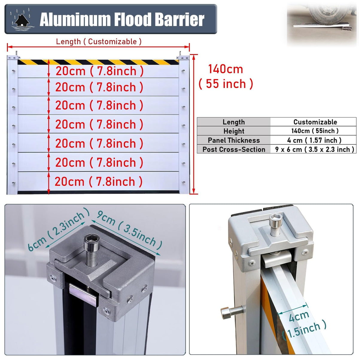 Detachable Anti Flood Gate 4.5ft High, Flood Control Barrier 21' 20' 19' 18' 17' 16' 15' 14' 13' 12' 11' 10' 9' 8' 7' 6' 5' 4', Flood Protection Baffle(Silver-L-10.2ft/122.4"/310.9cm)