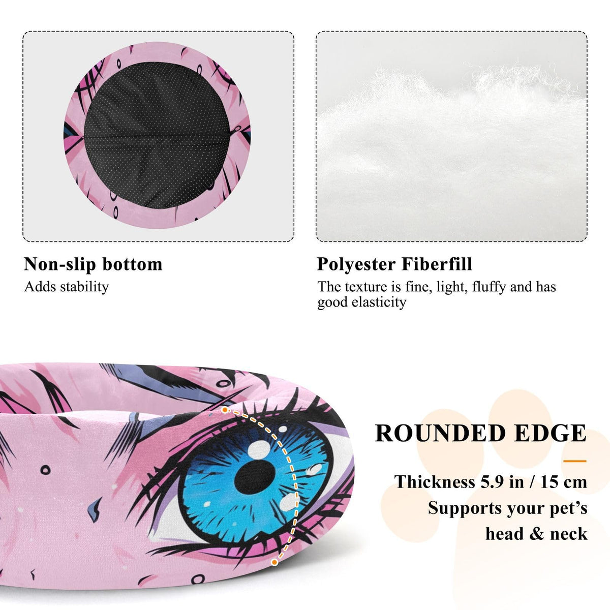 Donut Dog Bed for Small Dogs & Cats - Kawaii Anime Eyes Calming Anti-Anxiety Pet Bed with Non-Slip Base, Removable & Machine Washable, 22"
