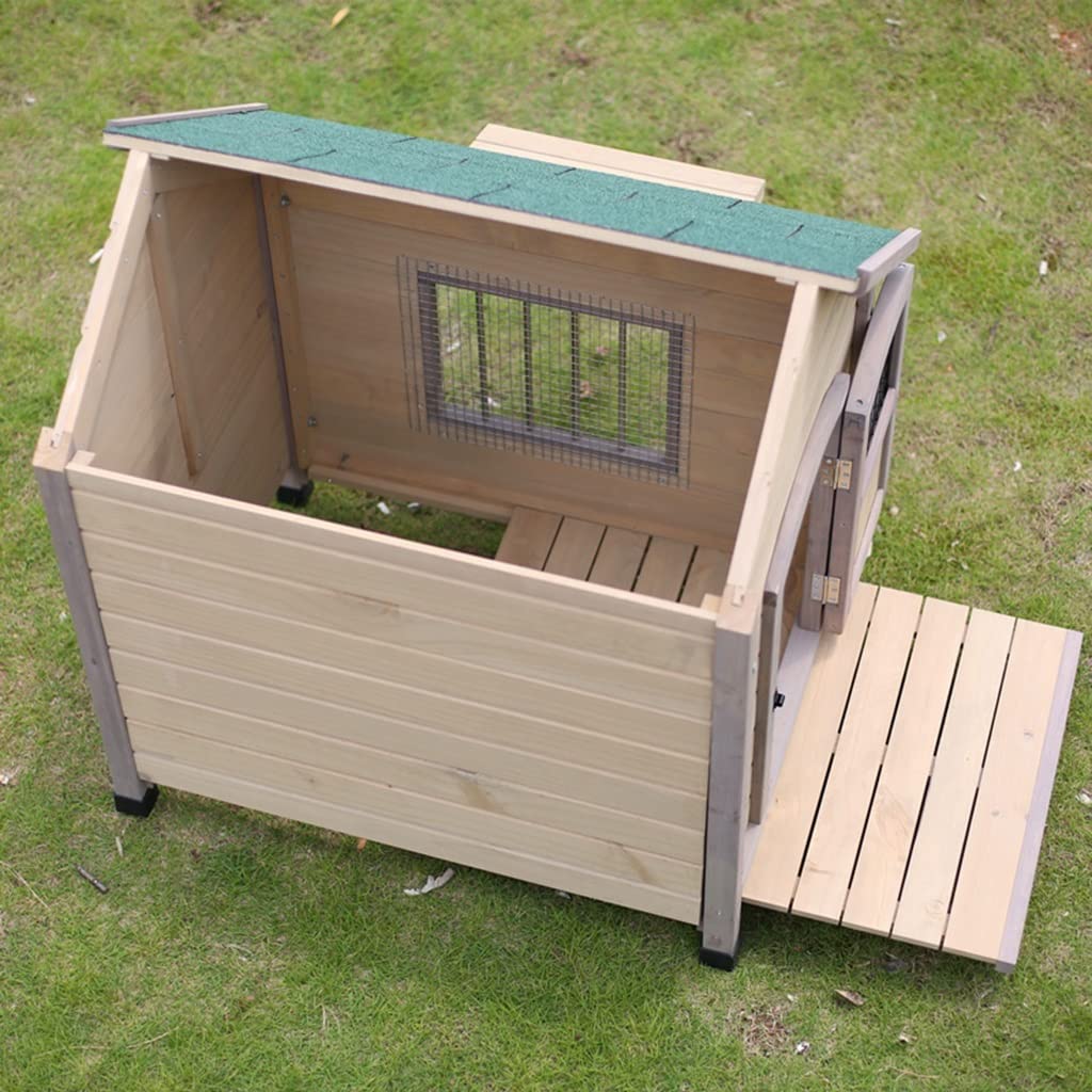 Outdoor Dog House Cabin Style, Wooden Raised Pet Kennel with Asphalt Roof, Front Door, Side Window, Porch for Medium/Large Dogs