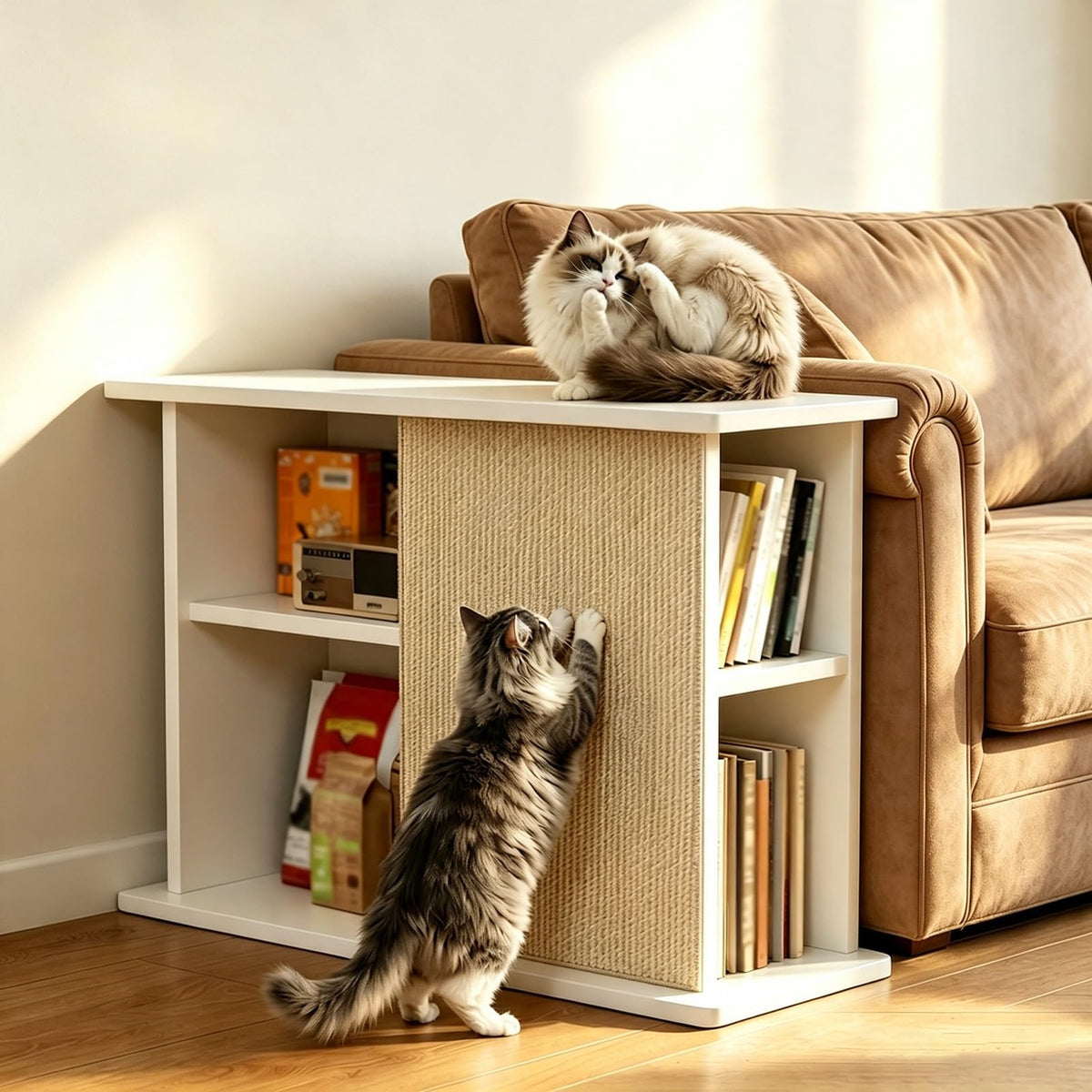 Space-Saving Corner Cat Scratcher Couch End Table with Open Shelves, Multi-Functional Cat Furniture and Pet Play Area for Small Spaces
