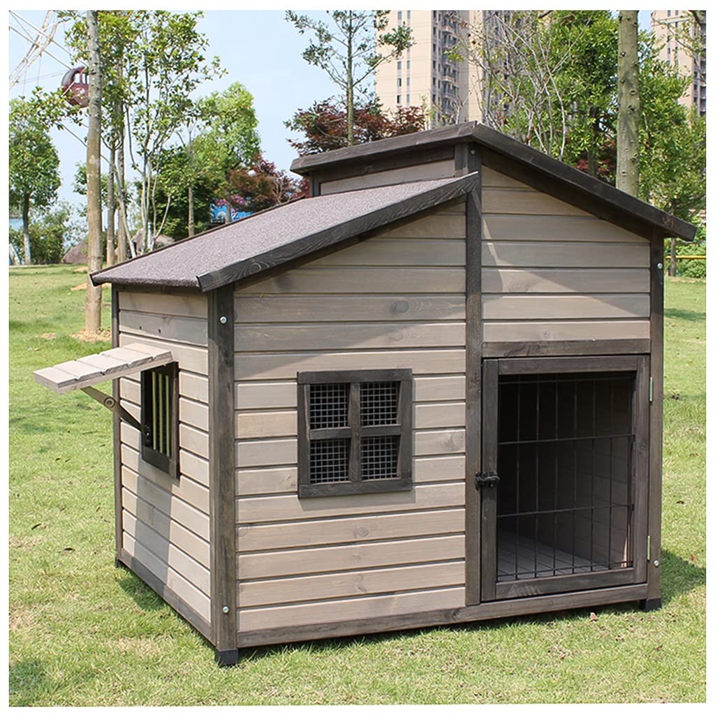 Outdoor Dog House, Wooden Raised Pet Kennel with Asphalt Roof, Front Door, Side Window, Porch for Medium/Large Dogs, XX