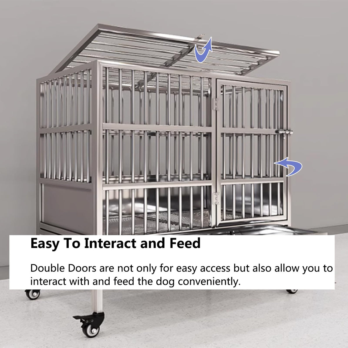 Dog Cage, Stainless Steel Kennel with Wheels, Double Door Dog House withToilet, Indoor Outdoor Pet Kennel(125cm/49.2in)