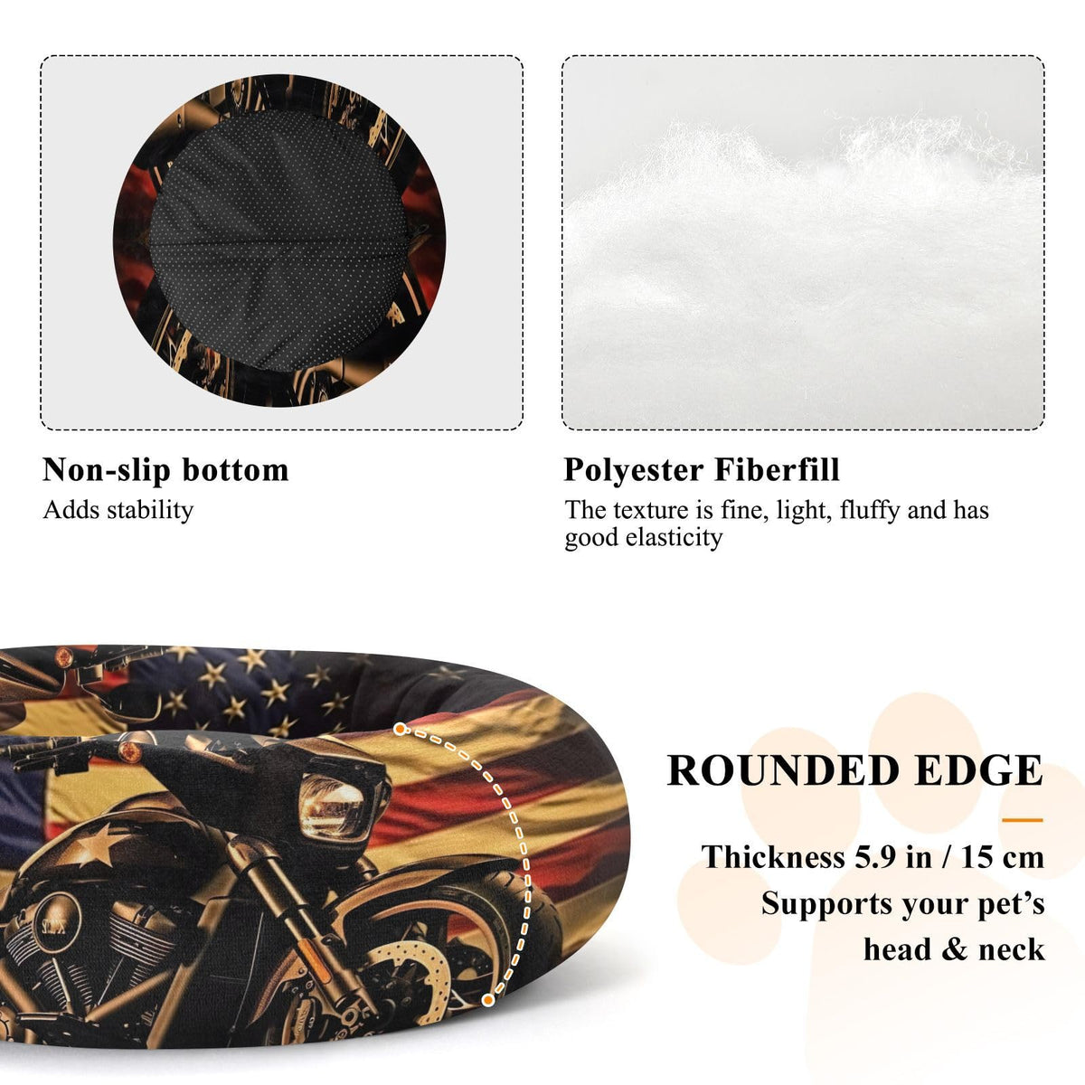Donut Dog Bed for Small Dogs & Cats - Vintage Motorcycle Flag Calming Anti-Anxiety Pet Bed with Non-Slip Base, Removable & Machine Washable, 22"