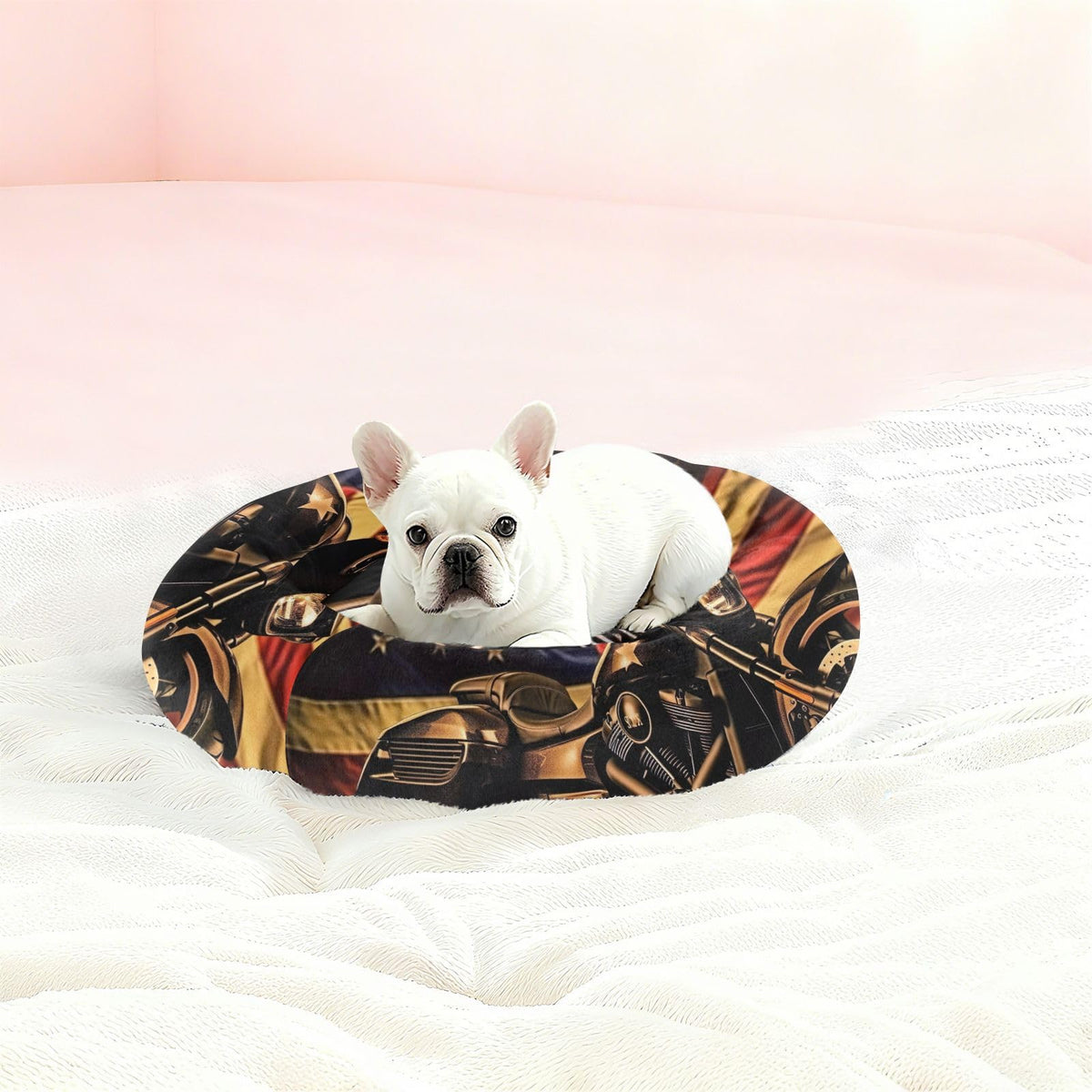 Donut Dog Bed for Small Dogs & Cats - Vintage Motorcycle Flag Calming Anti-Anxiety Pet Bed with Non-Slip Base, Removable & Machine Washable, 22"