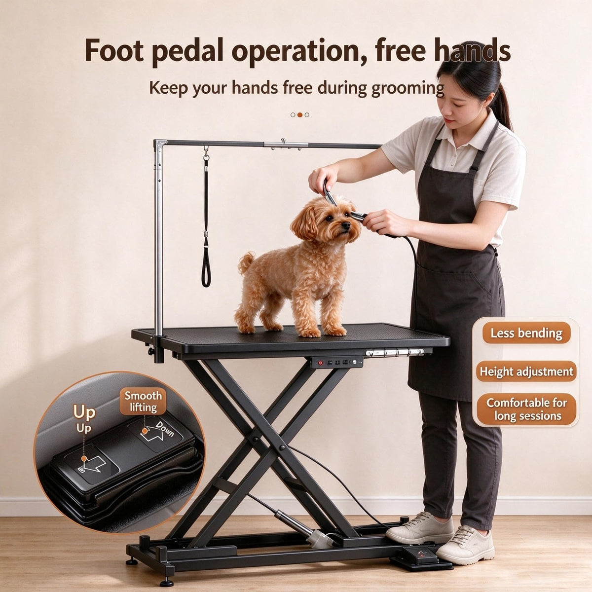 Lifting Pet Grooming Table With Noose, Foot-operated Switch, 100kg Load