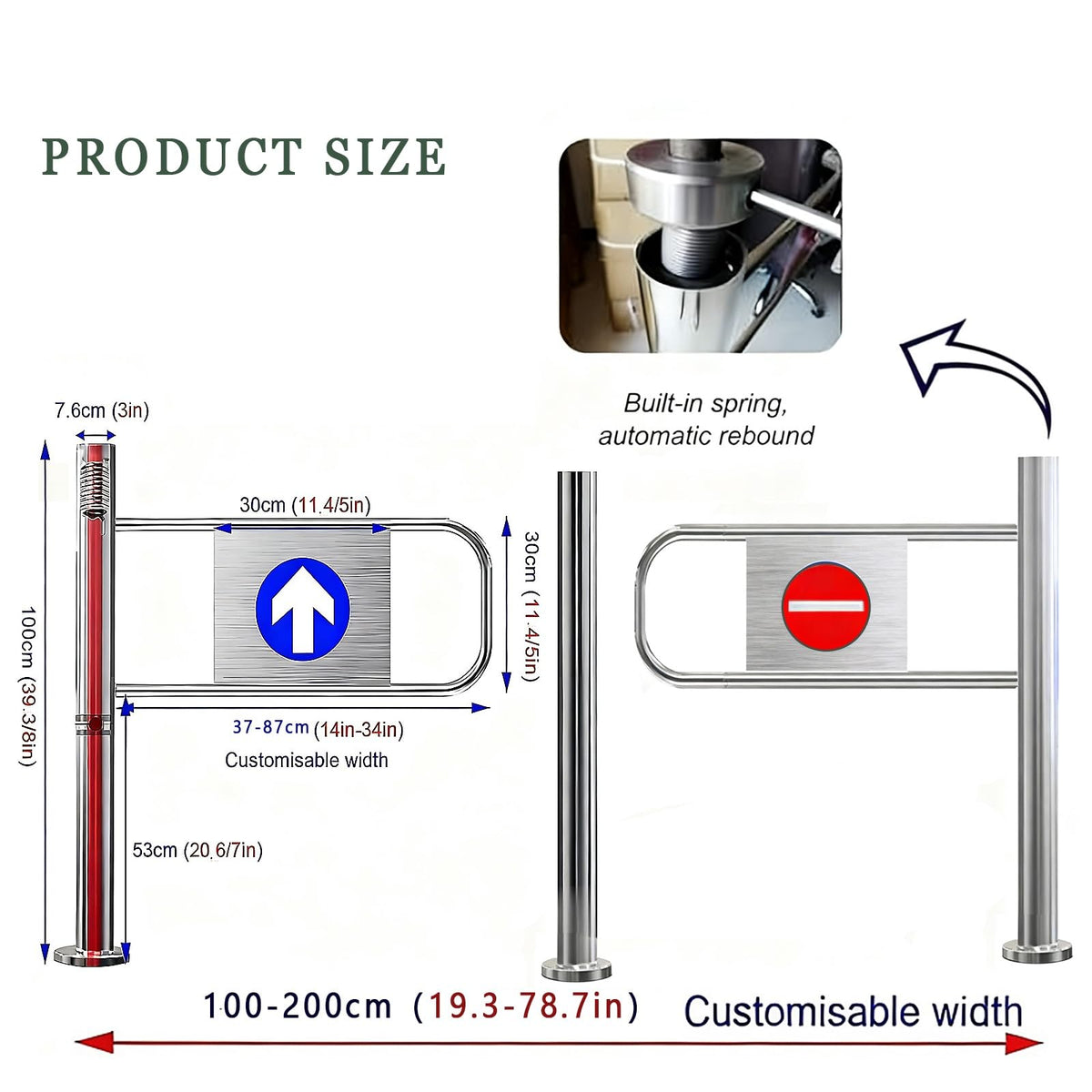 Single-Swing Entry Door Manual Pedestrian Gate Stainless Steel Double Leaf Automatic Closing Half-Height Gate (140cm/55.1in) for Market Use