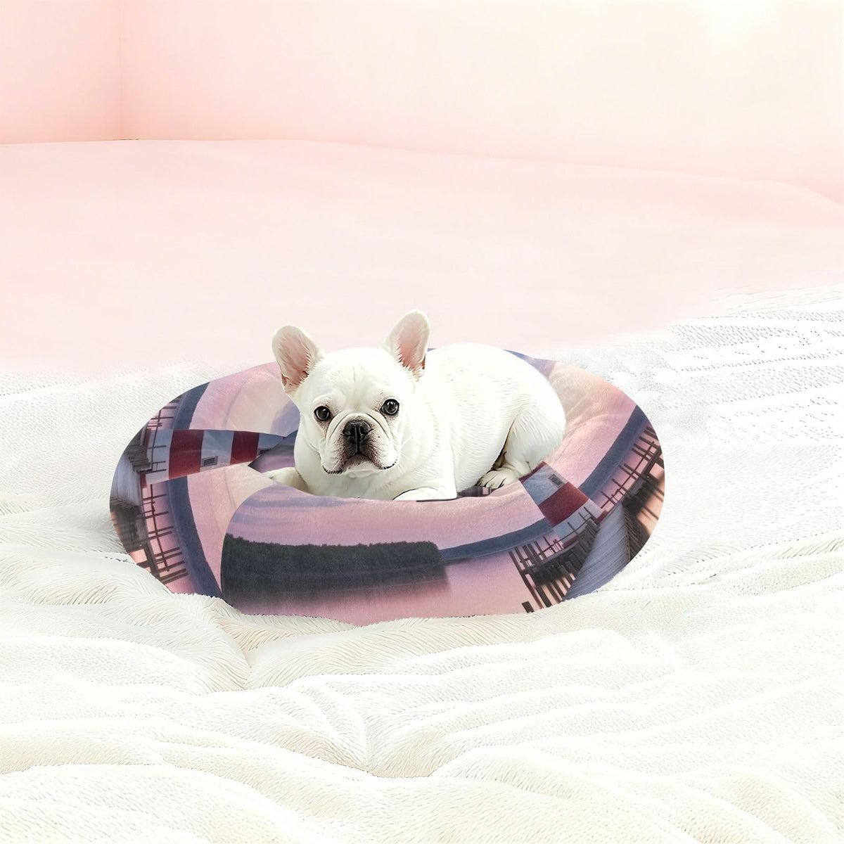 Donut Dog Bed for Small Dogs & Cats - Lighted Lighthouse Calming Anti-Anxiety Pet Bed with Non-Slip Base, Removable & Machine Washable, 15"