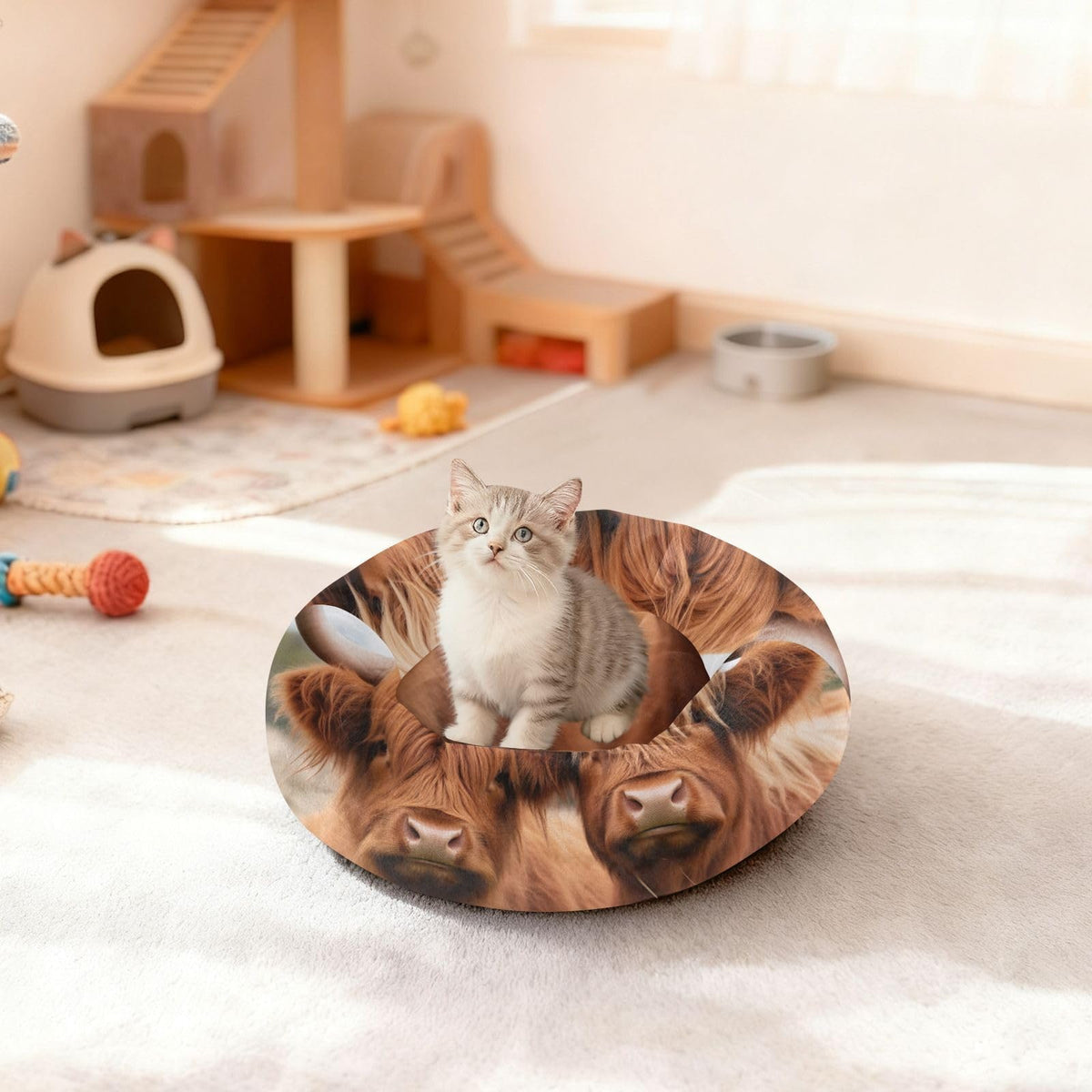 Donut Dog Bed for Small Dogs & Cats - Highland Cows Calming Anti-Anxiety Pet Bed with Non-Slip Base, Removable & Machine Washable, 15"
