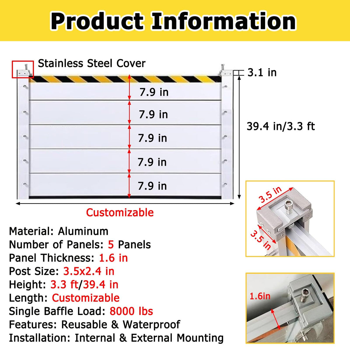 Aluminum Flood Barrier for Home with Pet, Reusable Flood Prevention Barriers Water Barrier Quick Install, Floods Barrier Shield, Anti-floods Wall Dams(L 11 7/10 ft)