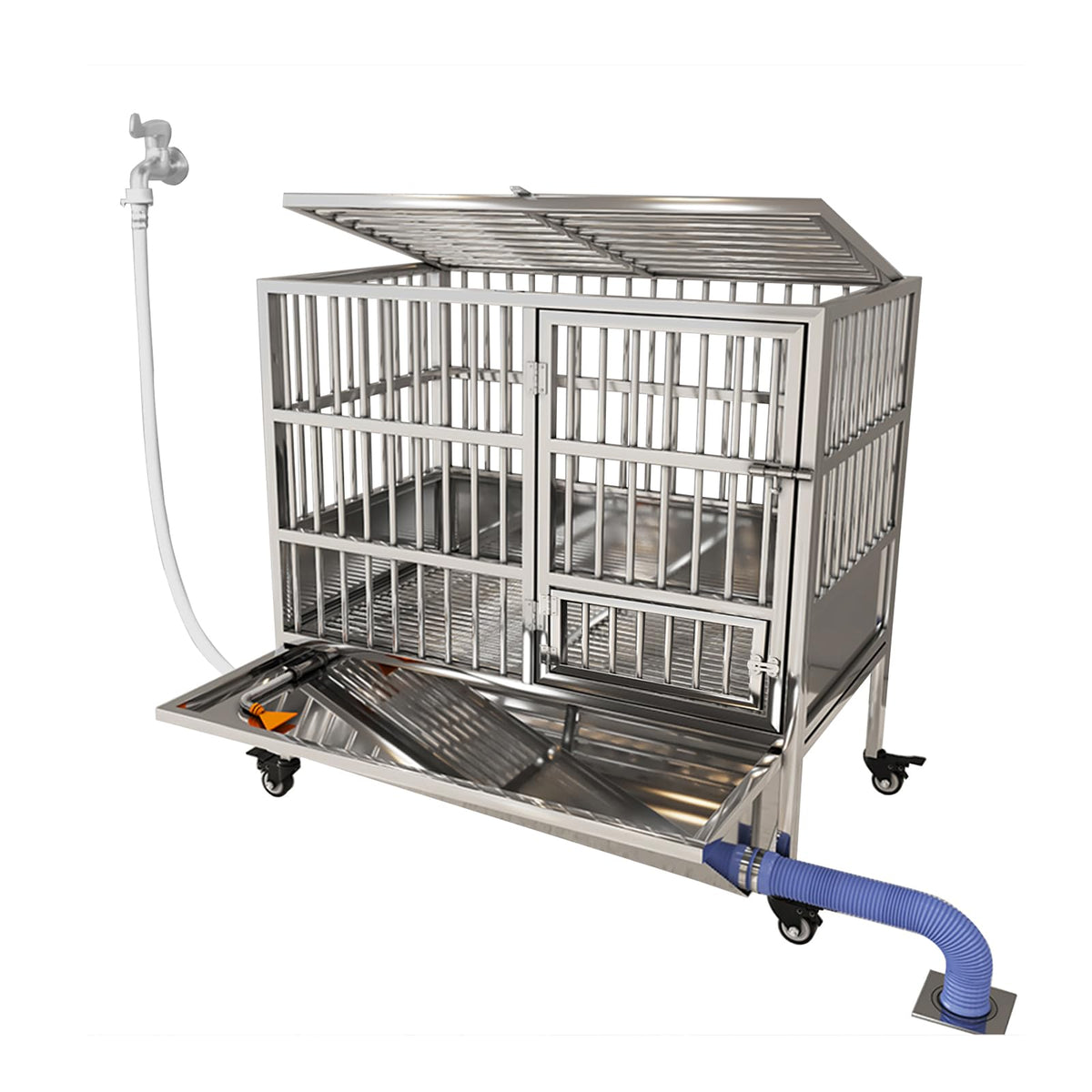 Dog Cage, Stainless Steel Kennel with Wheels, Double Door Dog House withToilet, Indoor Outdoor Pet Kennel(125cm/49.2in)
