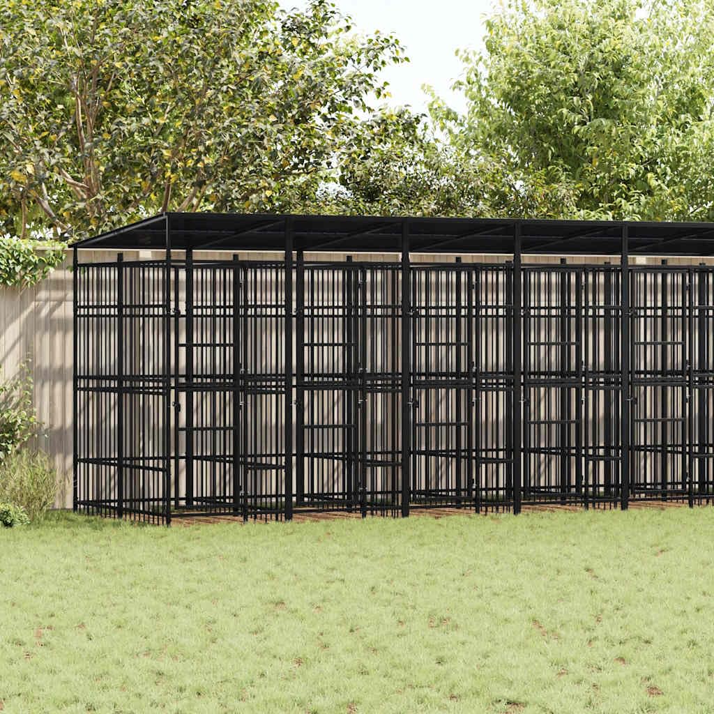 Large Outdoor Dog Kennel with Roof, Heavy Duty Powder-Coated Steel Pet Enclosure for Garden, Weatherproof Backyard Playpen for Dogs, Secure Lockable Gate