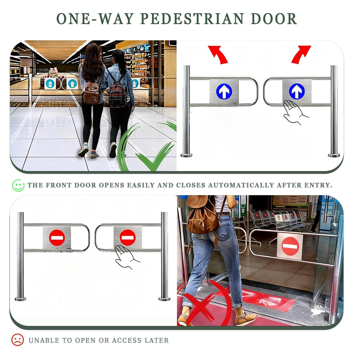 Single-Swing Entry Door Manual Pedestrian Gate Stainless Steel Double Leaf Automatic Closing Half-Height Gate (140cm/55.1in) for Market Use