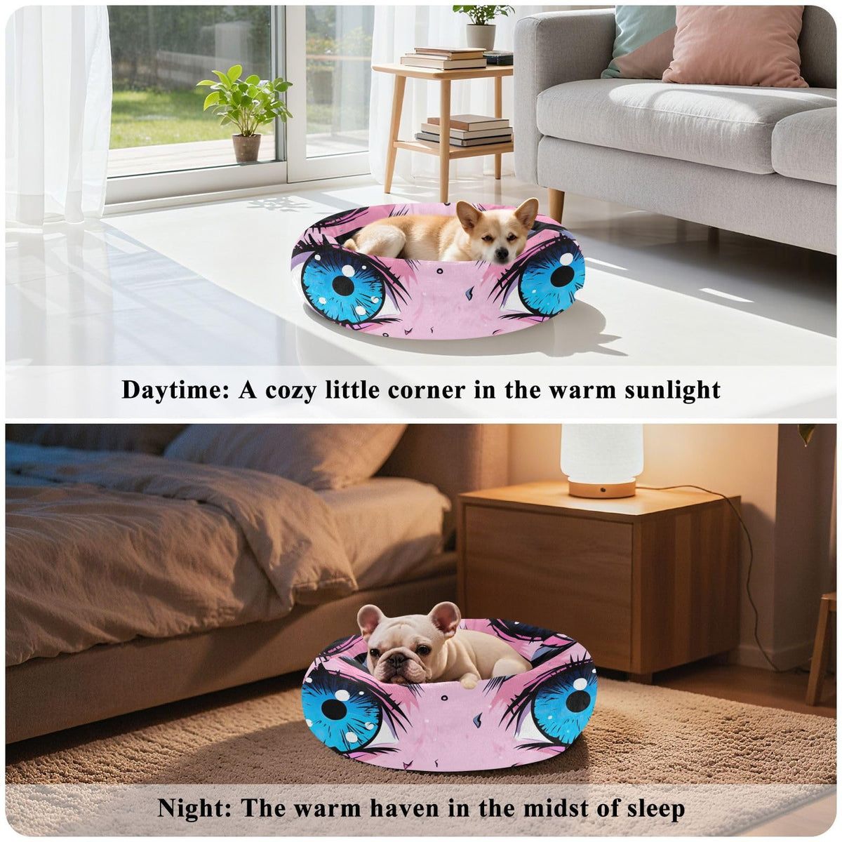 Donut Dog Bed for Small Dogs & Cats - Kawaii Anime Eyes Calming Anti-Anxiety Pet Bed with Non-Slip Base, Removable & Machine Washable, 22"