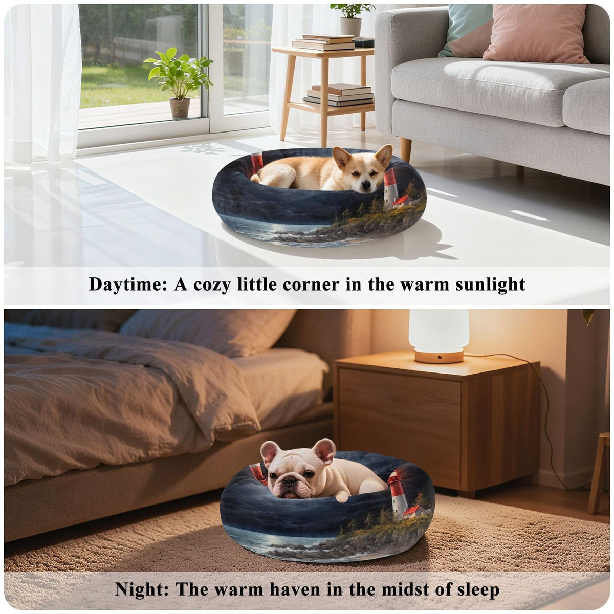 Donut Dog Bed for Small Dogs & Cats - Lighthouse at Night Calming Anti-Anxiety Pet Bed with Non-Slip Base, Removable & Machine Washable, 15"