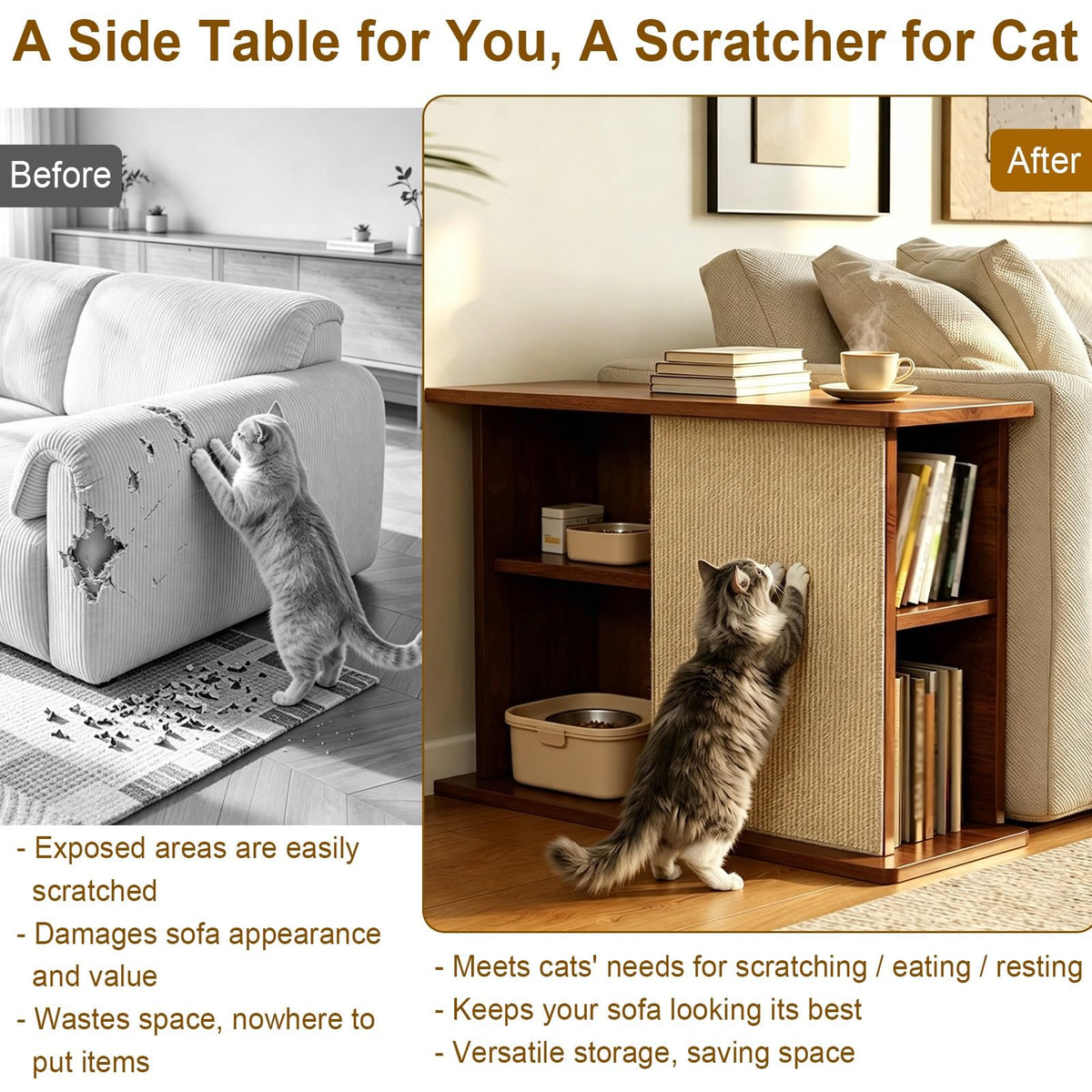 Corner Couch End Table with Removable Sisal Cat Scratcher Pad - Stylish Furniture for Cats and Living Room, Space-Saving Design, Perfect for Pet Owners